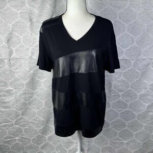 GUESS Women’s Faux Leather Stripe V-Neck Tee Black Size L